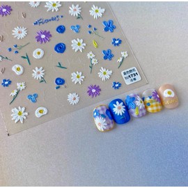 Embossed Daisy Nail Sticker Wildflower Sunflower Nail Sticker Self-Adhesive Spring Summer White Yellow Blue Flower Nail Sticker Decal Design Nail Art Decoration for Women Girls Children (2 Sheets) +