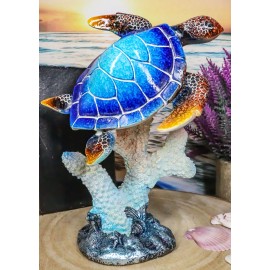 Nautical Ocean Blue Giant Sea Turtle Swimming By White Corals Figurine 8.75"H