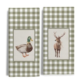 EKGJW Farmhouse Mallard Duck and Deer Kitchen Towels Set 2–Sage Green Gingham Plaid Decorative Tea Towels,Country Rustic Wildlife Hand Towels for Kitchen or Bathroom,16x24 Inch