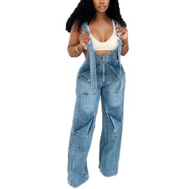 Tbahhir Women's Denim Overalls Jumpsuit Sleeveless Adjustable Strap Loose Baggy Wide Leg Cargo Jean Pants Rompers Trendy