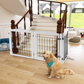 PPMZU Freestanding Pet Gate with Door, Foldable Wooden Indoor Dog Gate for House, Stairs,Doorways, Pet Puppy Safety Dog Fence, 32” Tall Pet Gate 4 Panels Fence with Feet Support