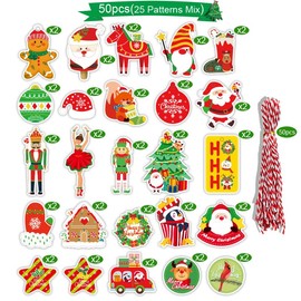 Youery Pack of 50 Christmas Tree Decorations, Gift Tags, Christmas Labels, Paper Gifts, Paper Tags with Jute String for Christmas, DIY Craft Decorations (B)