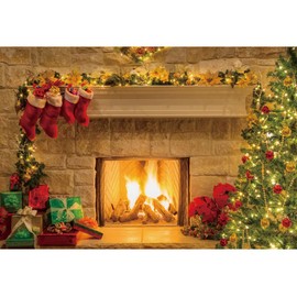 Renaiss 2.2 x 1.5 m Christmas Photo Background Fireplace Interior Vintage Christmas Tree Stockings Photography Background Children Portrait Photobooth Christmas Party Decorations Photo Studio Props
