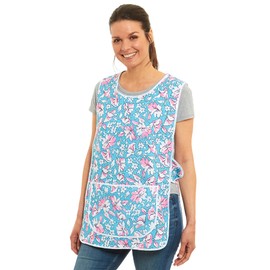 Ladies Floral Design With Piping Tabard Apron Overalls Front Pocket Stylish Tabards For Women Casual Aprons For Women Use in Home Kitchen Restaurants Coffee Shops UK Made (S, Aqua)