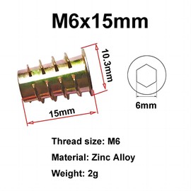 Qrity 20 Pcs Hex Socket Screw-in Nuts Fastener M6x15mm, Zinc Alloy Ladder-shaped Threaded Insert Nuts, Interface Hex Socket Drive