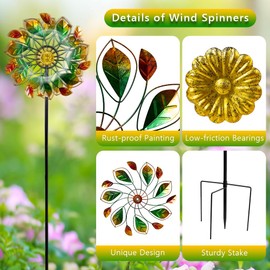 Green Windmill for Yard,Kinetic Wind Spinner,Autumn Pinwheels for Yard and Garden,Metal Wind Sculpture with Sturdy Stakes,Fall Decorations for Outdoor,57 * 13 Inches