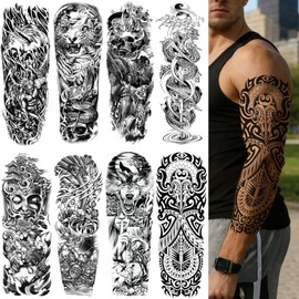 Aresvns 8 Sheets Realistic Black Temporary Tattoo Sleeves for Men Adult