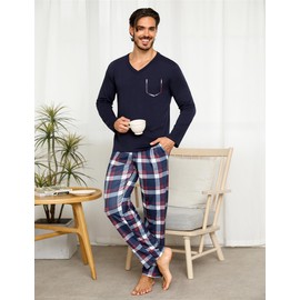 Uniexcosm Mens Pyjamas Set, Pjs for Men Sets Long Sleeve Top & Checked Pants with Pockets Mens Winter Sleepwear Loungewear Nightwear Set for Home Casual Blue