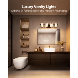 JACKYLED Bathroom Light Fixture, Modern 4-Light Vanity Lights with Art Glass Shades, 3 Color Temperatures LED Bathroom Lighting Fixture Over Mirror, 20W 1200 Lumen 30° Adjustable, Ash Gray Glass