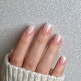 Ombre Pink Press On Nails Short Square,KXAMELIE Gel Nails Press ons with UV Coating,Short Coffin Solid Color Fake Nails,Natural Fit Petite Glue on Nails for Women Girls Daily Wear