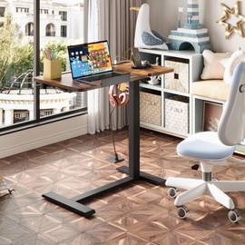 EKNKOZY Standing Desk, Medical Overbed Table with Rolling Tray and Power Outlet, Dual Pneumatic Angel and Height Adjustable Desk, Portable Side Table with Drawer, for Home & Hospital, Rustic Brown