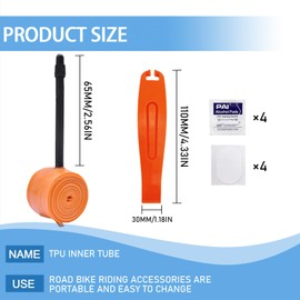 Bike Inner Tube Super Light 30g TPU Road Bicycle Tubes Valve Compatible with 700x18/23/25/28/30/32C Tire Presta Valves 65mm for MTB (Includes 4 Bicycle Inner Tube Patches/2 Tire Changing Tools/Orange)
