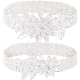 Syhood 2 Pieces Wedding Garters for Bride Sexy Lace Leg Garter Belt Hand Sewn Faux Pearls Bride Garter Set(Milk White)