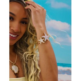 WOWORAMA Shell Starfish Bracelet for Women Blue Gold Starfish Cuff Bracelets Double Chunky Resin Starfish Cuff Summer Bracelet Beach Ocean Shell Bracelets