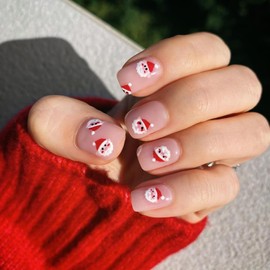 Christmas Press on Nails Short Square Acrylic Glossy Full Cover Square Shaped Winter False Nails with Santa Claus Designs Artificial Square Xmas Holiday Glue ons Fingernails for Women Girls