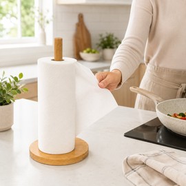 Wooden Paper Towel Holder for Kitchen & Bathroom – Stable Freestanding Roll Stand with Natural Bamboo Design