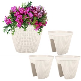 BPS 12'' Balcony Rattan Pattern Railing Planter Box with Drainage Holes and Adjustable Brackets for Outdoor Garden Patio, Deck, Fence - Set of 4 - White