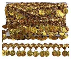 MIPPER 10 Yards Coin Shape Sequin Tassel Trim 1.77 Inch Width Fringe Lace Dance Dress Belt Chain DIY Clothing Ribbon (Gold)