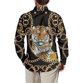 Xhuibop Gold Iron Chain Tiger Button-Down Shirts for Men Casual Dress Shirts Long Sleeve Aloha Shirts Plus Size L Outfits Button Up Shirts Regular Fit