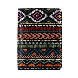 Embroidered Ethnic Aztec Tribal Motifs Striped Ornament Genuine Leather Travel Passport Covers, Microfiber Leather Travel Wallet Holder Case Protector for Women and Men