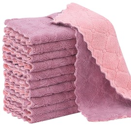 11Pack Kitchen Dish Cloths, Reusable Dish Towels, Nonstick Oil Washable Fast Drying, Super Absorbent Coral Velvet Cleaning Cloths for Cleaning Tableware, Kitchen, Bathroom (Pink-purple10 x 6")
