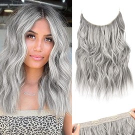 REECHO Invisible Wire Hair Extensions with Thinner Softer Lace Weft Adjustable Size Removable Secure Clips in Wavy Secret Hairpiece for Women 12 Inch (Pack of 1) - Silver Grey