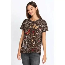 Johnny Was Penelope Shirt Leopard Brown Relaxed Top Butterfly Tee Embroidery NEW - Large