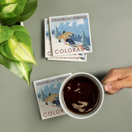 Steamboat Springs, Colorado, Downhill Skier (Absorbent Ceramic Coasters Set of 4 Matching Images, Cork Back, Kitchen Table Decor)