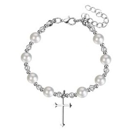 Flongo Kreuz Rosenkranz Perlenarmband Damen: Weiß Christliches Kreuz Kettenarmband aus Edelstahl geeignet für Geburtstage Jahrestage Weihnachten Geschenke für Mama Freundin Tochter