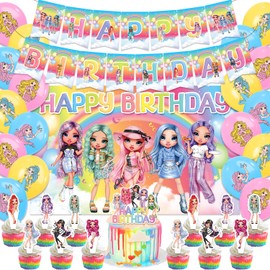 42pcs Rainbow High Dolls Birthday Party Supplies Pack Includes，Banner，Cake Topper，Blackdrop,Balloons for Rainbow High Dolls party supplies (234)