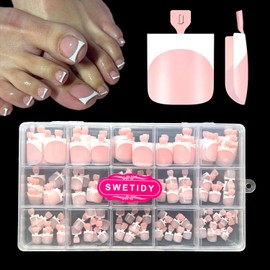 SWETIDAY Toe Nail Tips Press on, French Fake Short Toe Tips, 150Pcs Square Round Acrylic Toenail Press Ons, 15 Sizes French Baby Pink Wearable Full Cover Fake Toenails
