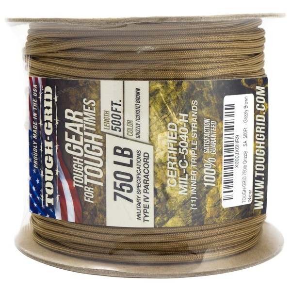 TOUGH-GRID 750lb Grizzly (Coyote) Brown Paracord/Parachute Cord - Genuine Mil Spec Type IV 750lb Paracord Used by The US Military (MIl-C-5040-H) - 100% Nylon - 200Ft - Grizzly Brown