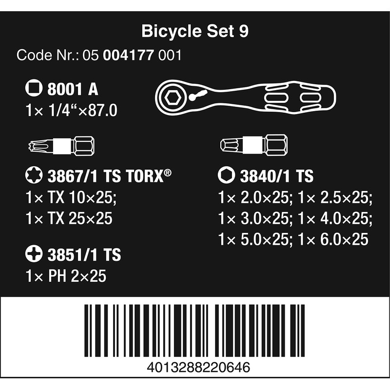 Wera Bicycle Set 9 Bit Assortment Stainless with Ratchet