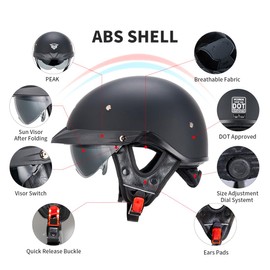 Half Helmets Motorcycle VHF04 Open Face Sun Visor Quick Release Buckle Adjustable DOT Approved Cycling Retro Cruiser Pilot Helmets for Unisex-Adults(Matte Black,XL)