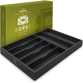 Bamboo Kitchen Drawer Organizer - Silverware Organize and Cutlery Tray with Grooved Drawer Dividers for Flatware and Kitchen Utensils (7 Slot, Black)