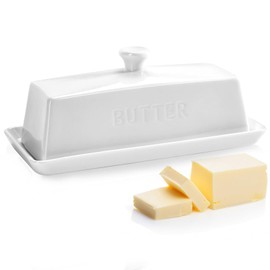 Butter Dish With Lid, WERTIOO Porcelain Butter Keeper With Handle Cover French Butter Dish Ceramic Butter Holder Container for Countertop, White