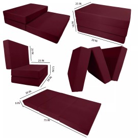 Danfuton Twin Burgundy Trifold Foam Bed, Shikibuton, Portable Ottoman Mat 6 x 39 x 75