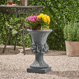 Christopher Knight Home Jorine Light Concrete Planter, Patio Planter, Mid-Centry Gadern Urn, Large Garden Pot, Floral Relif Design, Flower Urn with Drainage Hole for Backyard Home, Antique Gray