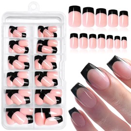 Bellelfin 120Pcs Black French Tip Press on Nails Short, Full Cover French Tips Press on Square Fake Nails Nude Acrylic False Nails Press ons for Women Girls