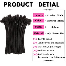 Loc Extensions Human Hair 6Inch 10 Strands Locs Real Human Hair Full Handmade Permanent Dreadlock Extension for Women Men Kids, Natural Black Dreadlock Can Be Dyed Bleached