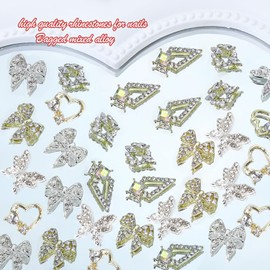 XEAOHESY 30 Pieces Alloy Gold Silver Bow Nail Charms Cute Butterfly Charms for Nails Heart Nail Charms Triangle Nail Charms Inlaid Clear AB Rhinestone for Women Girls Nail Art