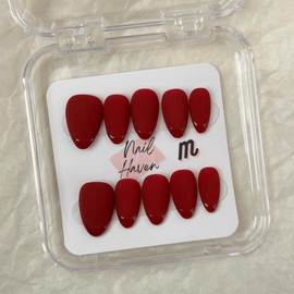 NailHaven| Short Almond Shape Collection - 10 Pcs Handmade Press-On Nails, Cute Acrylic Nails, High Quality, Reusable, Nail Art & Nail Charms:_SA-05 Red velvet icing _M
