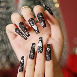 Christmas Press on Nails Coffin Long Length, 24Pcs Black Artificial Winter Fake Nails with White Snow Elk Designs Glossy Full Cover False Nails Glue Stick on Fingernails for Women(JP1295)