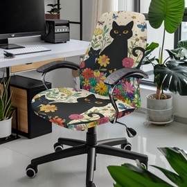 Uorisanigo Office Chair Covers Black Cat Floral Desk Chair Covers Stretchable Slipcover for Computer Chair High Back Chair Slipcover Office Chair Protection
