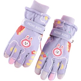 Ski Gloves Kids Winter Kids Waterproof Gloves Cartoon Rabbit Kids Snow Gloves with Fleece Lining Children Ski Gloves Kids Thermal Gloves Girls Ski Gloves for 8-12 Years Old Girls Boys (purple)