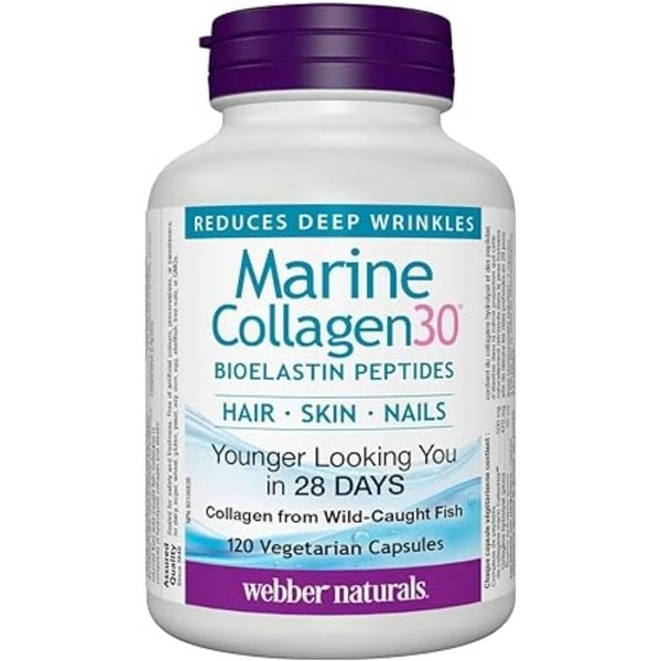 Webber Naturals Collagen30 Marine Bioelastin Peptides, 500 mg of Collactive Marine Collagen Peptide Complex Per Pill, 120 Capsules, Helps Reduce Deep Wrinkles and Joint Pain