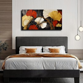 Floral Canvas Wall Art, Modern Elegant Abstract Art Painting with Ginkgo Leaves and Flowers Artwork Framed for Living Room Bedroom Dining Room Office Home Decor 48 x 24 inches,YS1505
