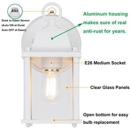 LIT-PaTH Dusk to Dawn Outdoor Wall Lantern, Wall Sconce Waterproof Porch Lighting Fixture, E26 Base, Aluminum Housing with Glass Shade, 1-Pack, White