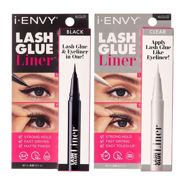 i-Envy Lash Glue Liner (Black&Clear) 2-in-1 Eyelash Adhesive and Felt-Tip Black Eyeliner, Precision Easy Felt - Tip Clear Glue