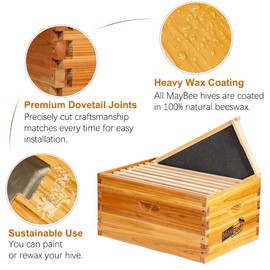 MayBee 8-Frame Beehive Box Langstroth Deep Brood Box Dipped in 100% Beeswax Includes Wooden Frames & Waxed Foundations (Unassembled)